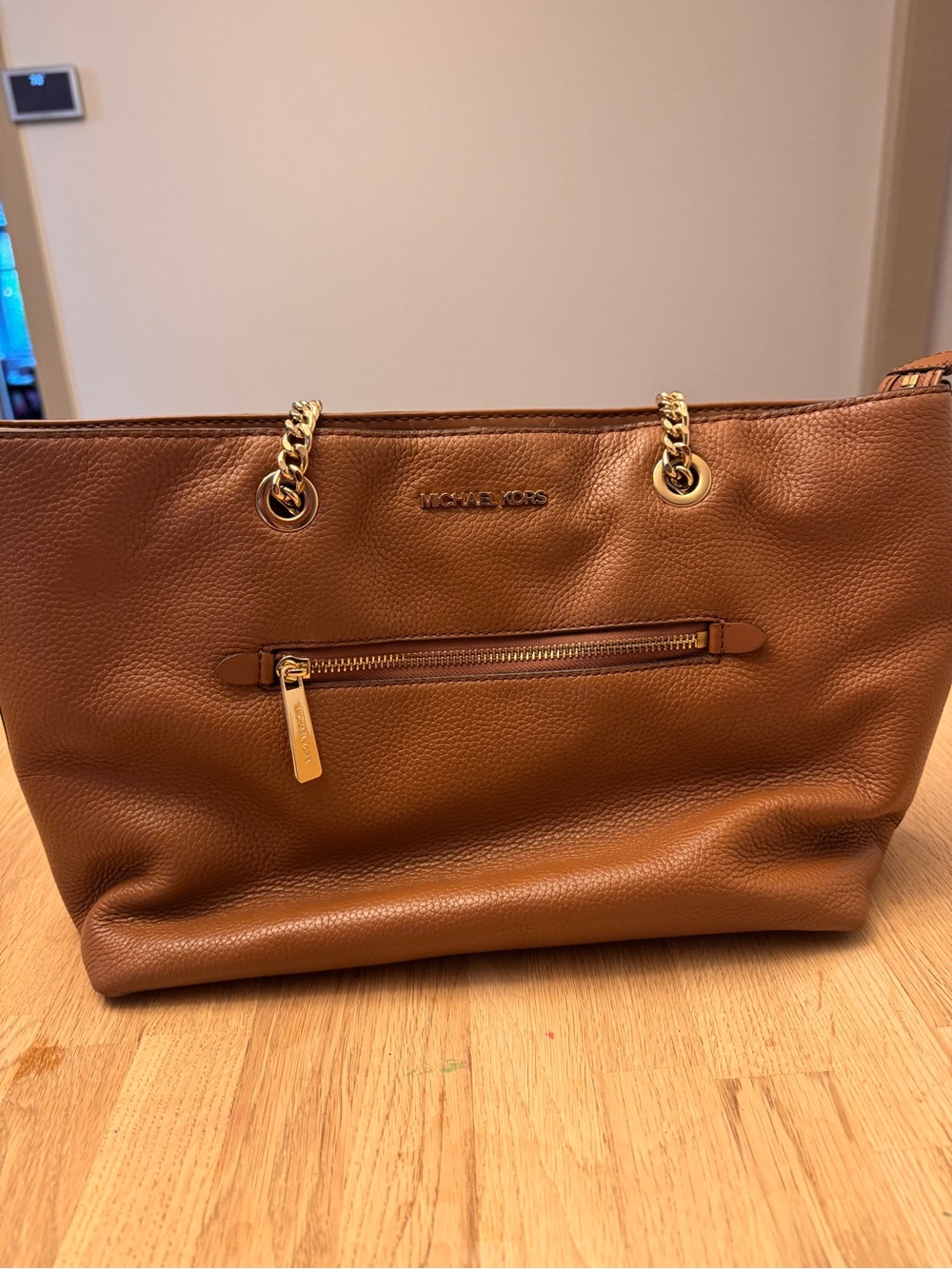 Michael Kors Brown Pebbled Leather Tote with Gold Chain Handles
